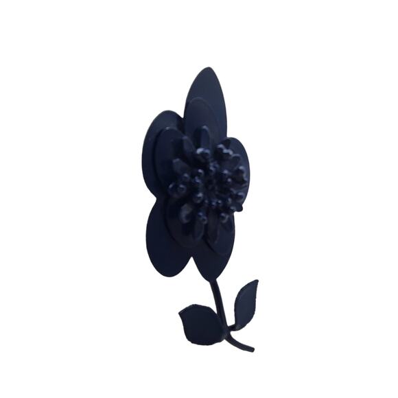 Navy Blue Flower Power Brooch Metal Enameled Stem Pin 3D Vintage 1960s - Picture 5 of 10
